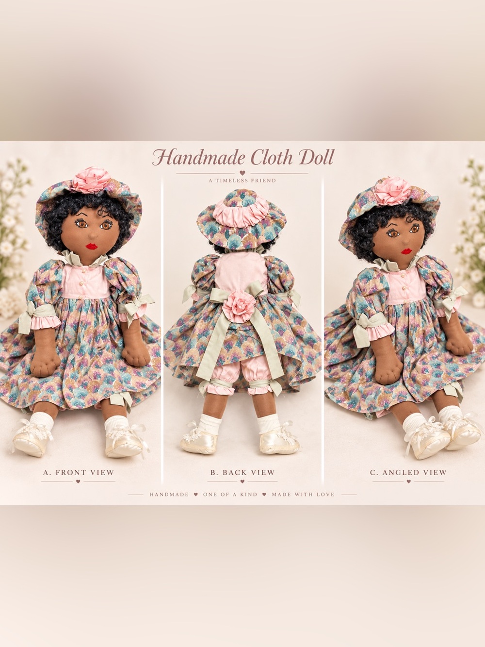 Vintage Handmade Cloth Rag Doll 24” Large Floral Dress Bonnet Folk Art 40+ Years